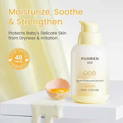 RUNBEN Baby Face Cream with Egg Yolk Oil, 48H Deep Moisturizing, Gentle & Non-Greasy Kids Face Lotion, Dry & Sensitive Skin Care for Baby, Fragrance-Free, 1.76 oz
