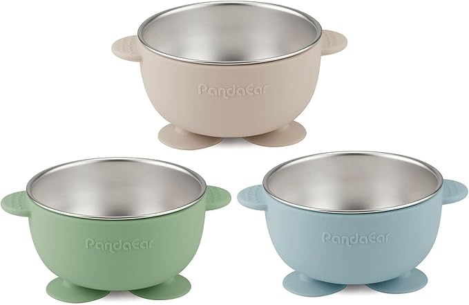 PandaEar 3 Pack Stainless Steel Baby Suction Bowls, Non-Slip Child Food Bowl with Silicone Sleeve for Kids Toddlers Infants, Unbreakable & Mess Free (Blue Green Brown)