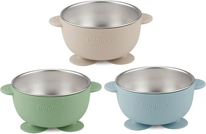 PandaEar 3 Pack Stainless Steel Baby Suction Bowls, Non-Slip Child Food Bowl with Silicone Sleeve for Kids Toddlers Infants, Unbreakable & Mess Free (Blue Green Brown)