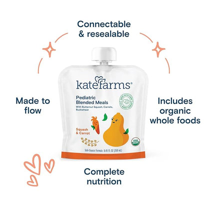 KATE FARMS Organic Pediatric Blended Meal, Squash and Carrot, 8g protein, organic whole foods, oral or tube feed nutrition, Gluten Free, Non-GMO, 8.45 oz (12 Pack)