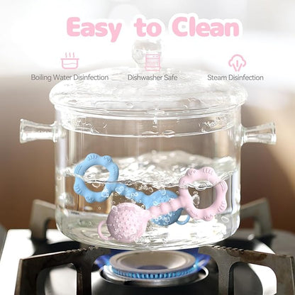 Teething Toys for Babies 6-12 Months, Baby Rattles 0-6 Months, 2-in-1 Rattle and Teether Toy for Soothing Sore Gums and Keeps Little Ones Entertained, Food Grade Silicone, Pink