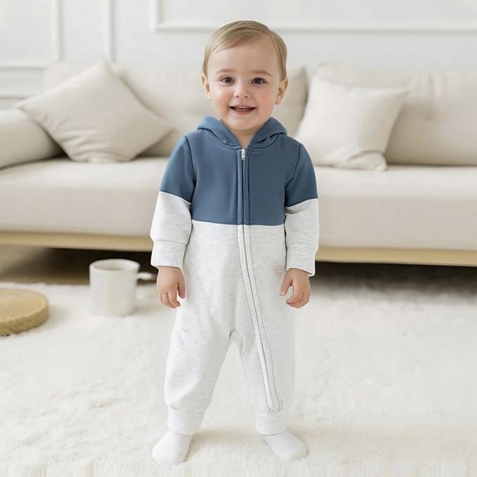 Newborn Baby Boy Fall Outfit Romper Long Sleeve Hooded Contrast Color Zipper Onesie Jumpsuit Bodysuit Infant Clothes