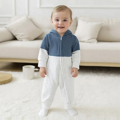 Newborn Baby Boy Fall Outfit Romper Long Sleeve Hooded Contrast Color Zipper Onesie Jumpsuit Bodysuit Infant Clothes