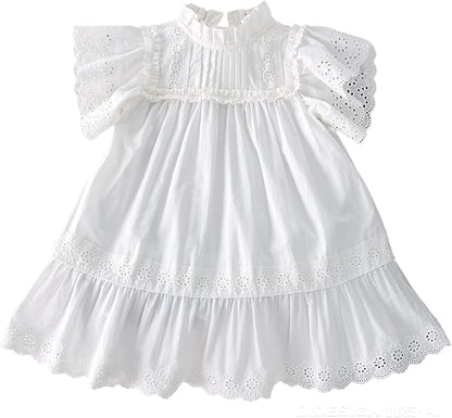 Summer Toddler Girls’ Cotton - Spandex Frilled Princess Dress with Lace Trim and Flutter Sleeves