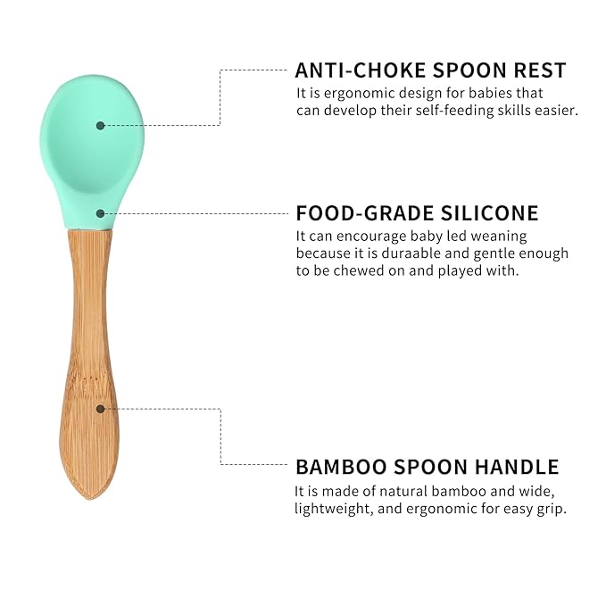 Baby Bamboo Suction Plate, Bowl and Spoon Set, Wooden Feeding Set for Toddler 1-3 Year Old, Silicone Suction Sticks to Most High Chairs for Non Slip & Silicone Spoon Tips with Wood Handle