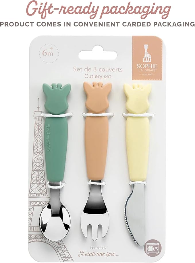 Sophie la girafe Cutlery Set | Easy to Grip | Includes Fork, Knife with Round Tip & Spoon | Ideal for Baby's First Meals