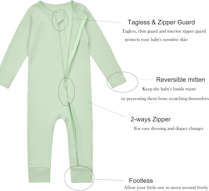Aablexema Baby Cotton Fooltess Pajamas with Mitten, 3-pack Infant Romper Zip Up One Piece Jumpsuits Outfit