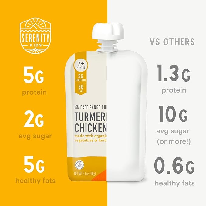 Serenity Kids Bone Broth Puree Made With Organic Veggies | Clean Label Project Purity Award Certified | 3.5 Ounce BPA-Free Pouch | Free Range Turmeric Chicken | 1 Count
