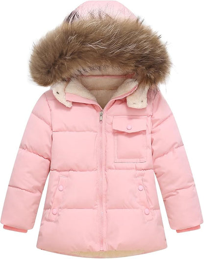 Kids Girls Winter Fleece Lined Puffer Jackets Fur Collar Hooded Parka Snow Coats