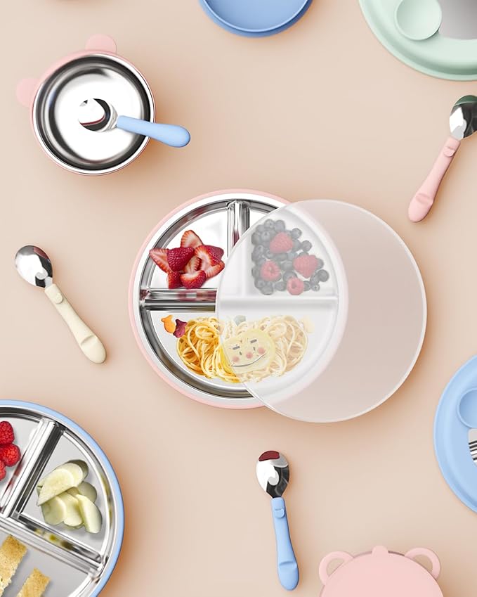 Stainless Steel Toddler Suction Plate with Lid, Deeper 9" Divided Plates with Removable Silicone Sleeves for Kids, Non Toxic & BPA Free | Unbreakable Baby Snack Dishes Set of 2,Pink & Beige