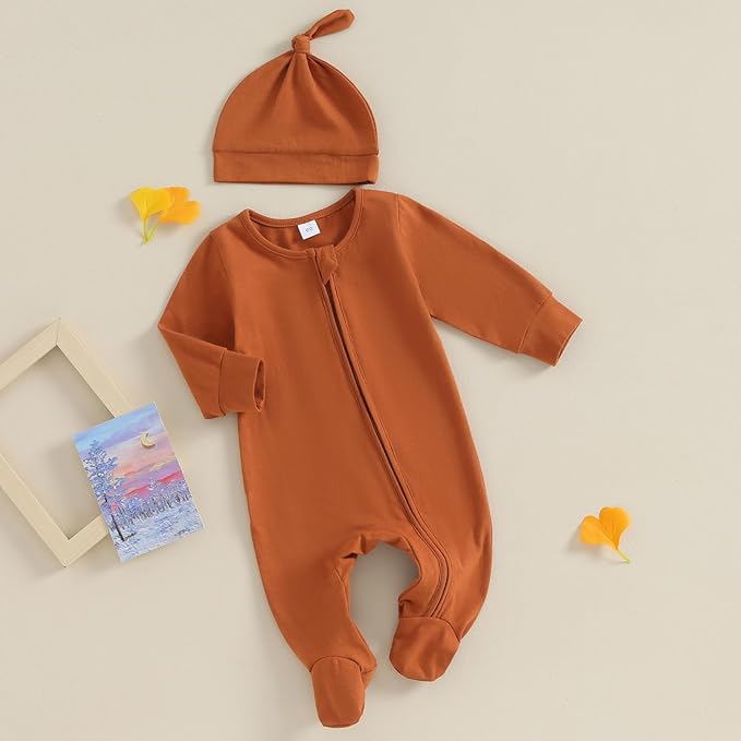 Infant Baby Girl Ruffled Cotton Footies Footed Overall Romper with Hat Toddler Baby Footed Jumpsuit