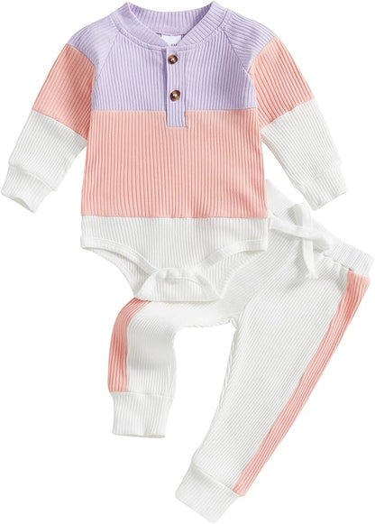 Thorn Tree Newborn Infant Baby Girl Clothes Ribbed Knitted Long Sleeve Romper Long Pants Stretchy Fall Outfits