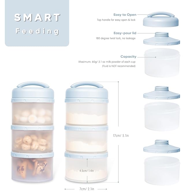Termichy Stackable Formula Dispenser Portable Milk Powder Container, 2 Pack, Misty Blue