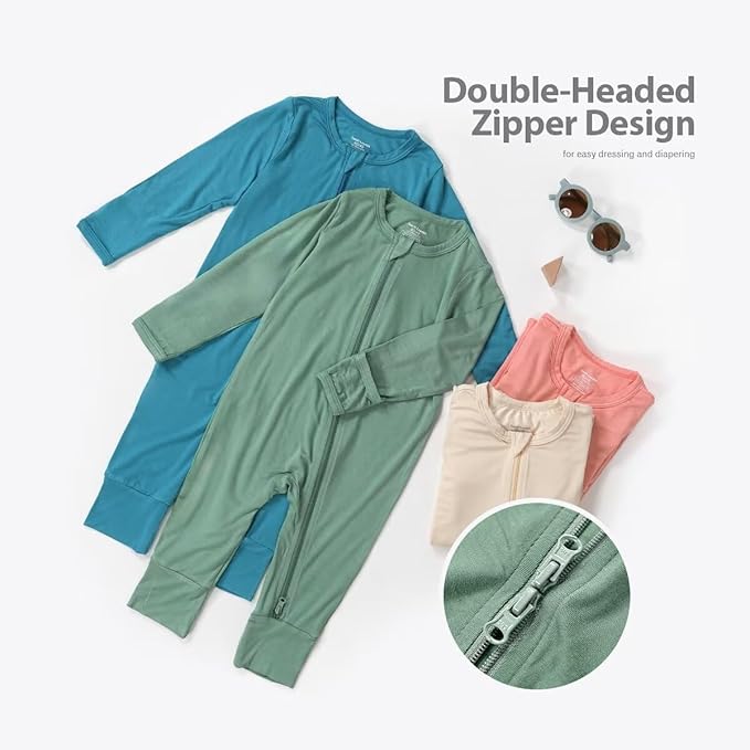 Teach Leanbh Baby Boys Girls 2 Pack Bamboo Viscose Pajamas with Mitten Cuffs 2 Way Zipper Long Sleeve Romper Sleep and Play