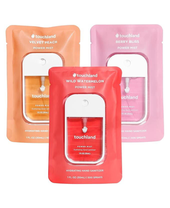 Touchland Hydrating Hand Sanitizer Spray, JUICY Trio Set (Watermelon, Peach, Berry), 1 FL. OZ. Travel Size Power Mist Sprays (Set of 3)