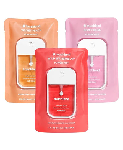 Touchland Hydrating Hand Sanitizer Spray, JUICY Trio Set (Watermelon, Peach, Berry), 1 FL. OZ. Travel Size Power Mist Sprays (Set of 3)