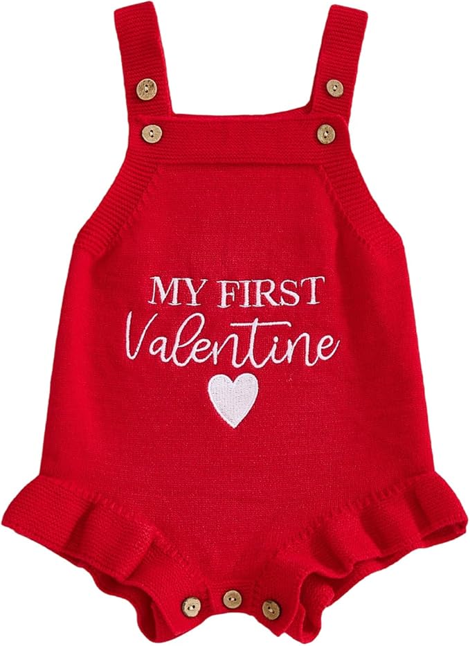 Infant My First Valentines Baby Girl Outfit Newborn Button Heart Embroidery Knit Romper Bubble Bodysuit One Piece