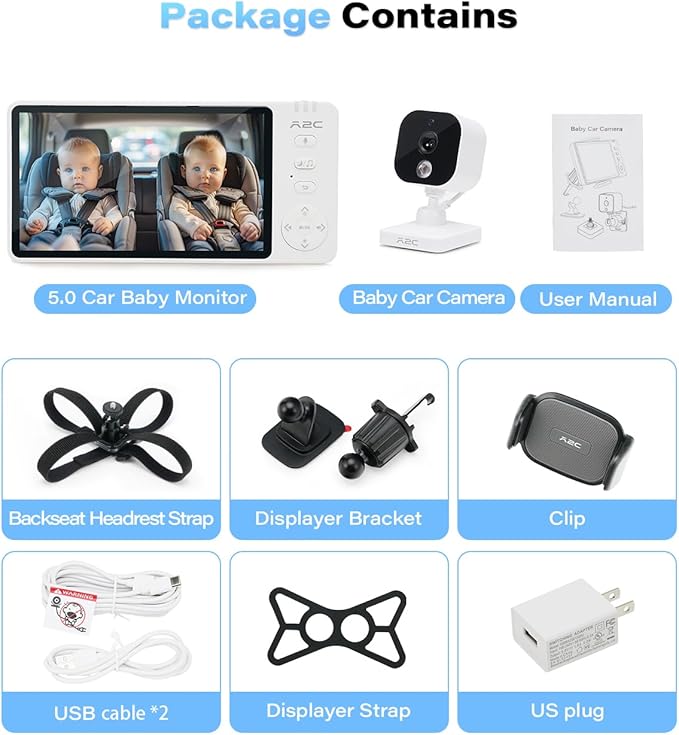 A2C Baby Car Camera, 5" 1080P HD Baby Monitor with Night Vision & VOX Mode, Rear-Facing Car Seat Monitor for Backseat & Home, 1000FT Range, USB Powered Plug & Play (No WiFi Needed)