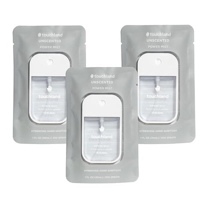 Touchland Hydrating Hand Sanitizer Spray, UNSCENTED Trio Set, 1 FL. OZ. Travel Size Power Mist Sprays (Set of 3)