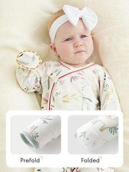BINIDUCKLING Newborn Kimono Side Snap & Tie Wrap Over Long Sleeve Romper with Mitten Cuffs