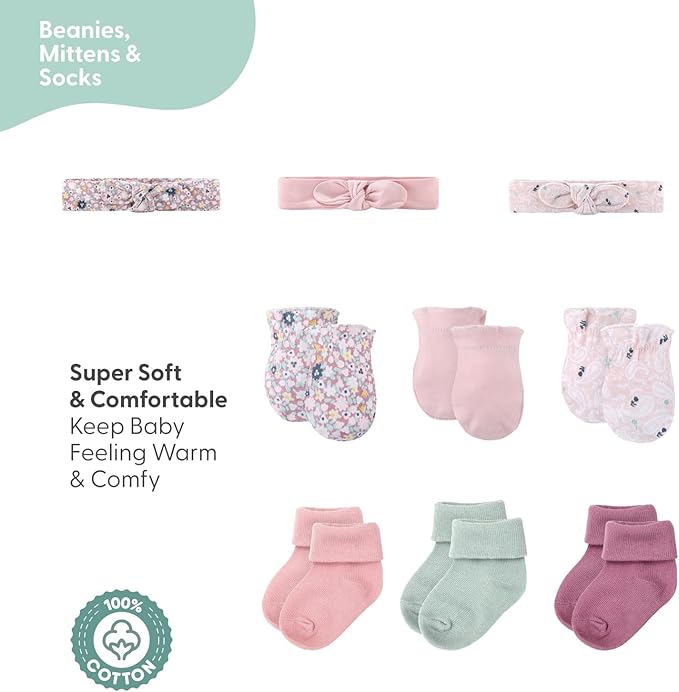 The Peanutshell Baby Layette Gift Set for Girls - 16 Piece New Born Girl Gift Set, Baby Clothes, 0-9 Months - Prairie Floral