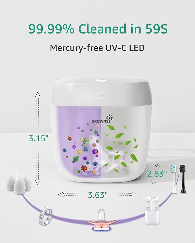 GROWNSY Pacifier Sanitizer Portable, UV Light Sanitizer on The Go for Baby, USB Charging Sanitizer Case, Mini Pacifier Sanitizer 99.99% Cleaned in 59 Seconds (White)