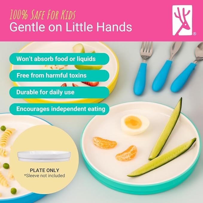 Elk and Friends Kids 7.8” Porcelain White Plates | Suitable for Babies/Toddlers | Microwave & Dishwasher Safe | Non Slip Dinnerware | Snack Dishes | 2 Pack