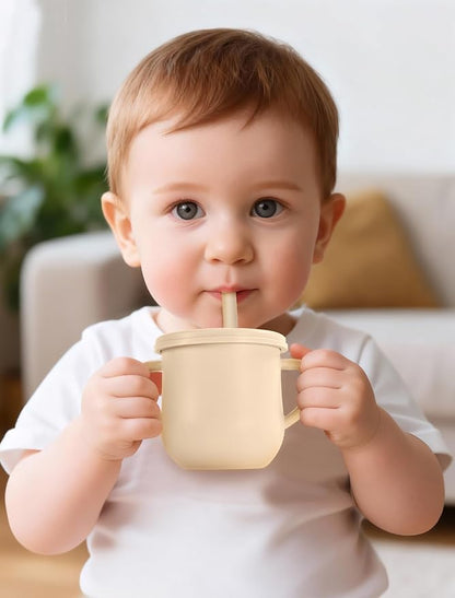 Silicone Baby Feeding Set, 18PCS Baby Led Weaning Supplies, Eating Essentials Utensils with Suction Plate and Bowl, Adjustable Silicone Bib, for 6+ Months (Blue+Beige)