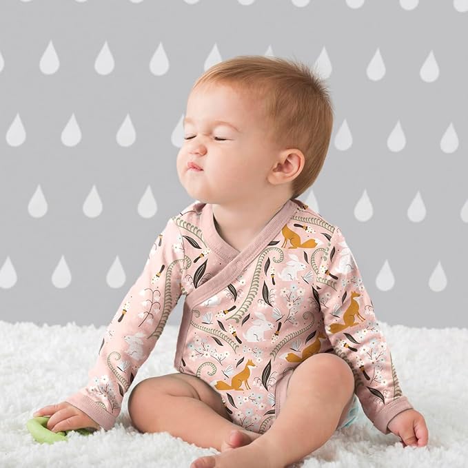Babysoy Organic Baby Newborn Long Sleeve Pattern Kimono Wrap Around Side Snap Bodysuit/Onesie for Unisex Infants