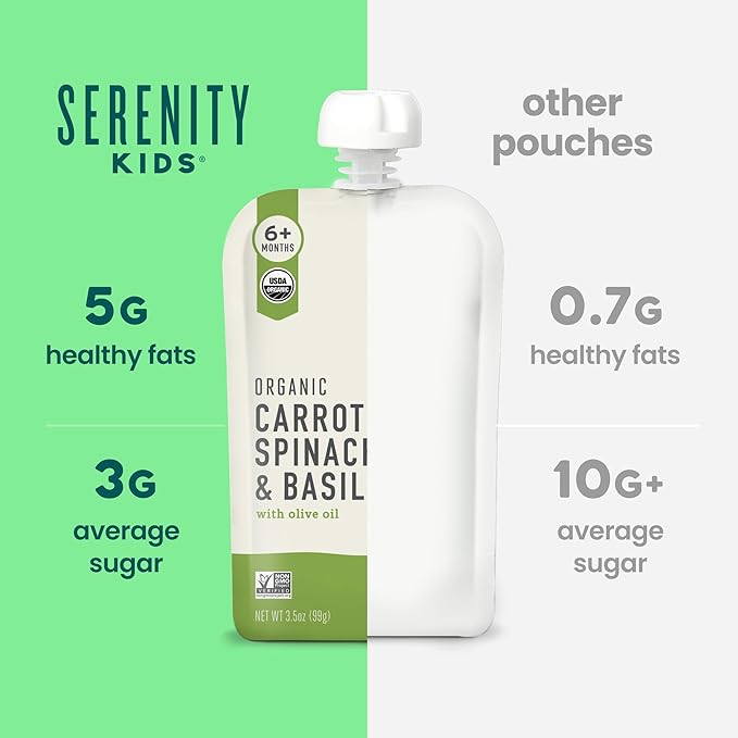 Serenity Kids 6+ Month Veggie Puree Baby Food Pouches - Carrot, Spinach & Basil - USDA Organic Baby Food - No Added Sugar Snack Pouch - On-the-Go Toddler Snacks - 3.5 Oz, 6 Pack