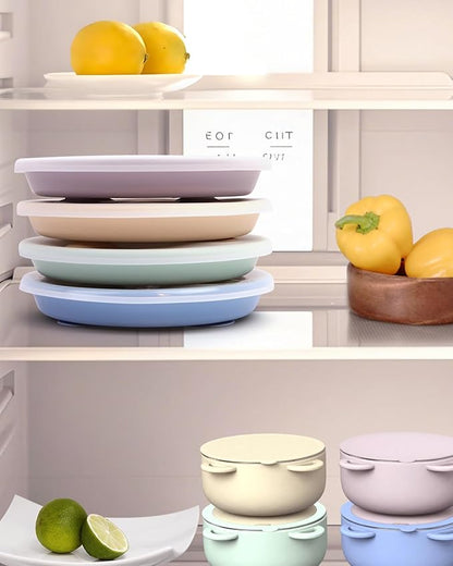 Stainless Steel Toddler Suction Plate with Lid, Deepened 9" Divided Plates with Removable Silicone Sleeves for Kids, Non Toxic Unbreakable Snack Dishes Set of 4, Sage Blue Beige Lilac