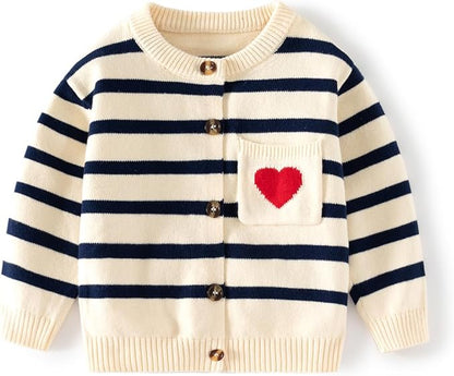 Toddler Baby Girls Cotton Knit Jacquard Sweater Cardigan, Crew Neck Spring Coat Sweater Long Sleeve Clothes Warm Tops