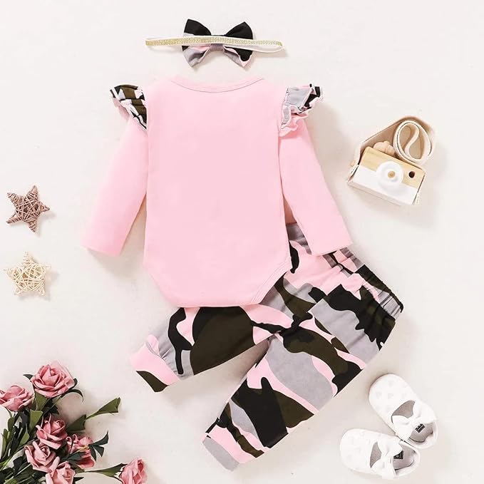 Newborn Baby Girl Clothes, Infant Girl Outfits Long Sleeve Ruffle Romper + Floral Pants + Headband Set