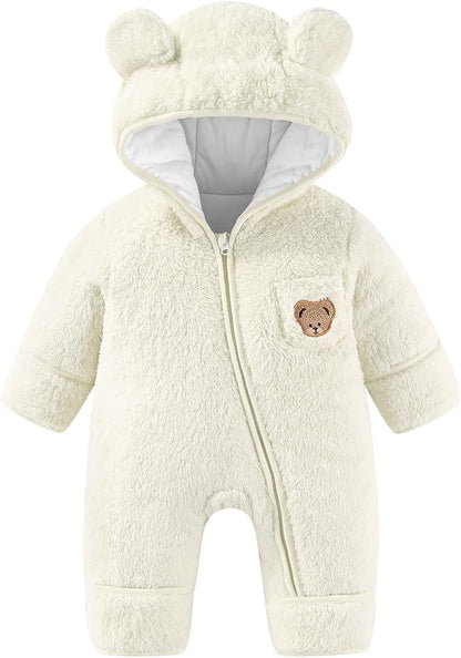 JiAmy Baby Snowsuit Newborn Fleece Winter Clothes With Flod-Over Zipper Baby Bear Hooded Thick Outfits