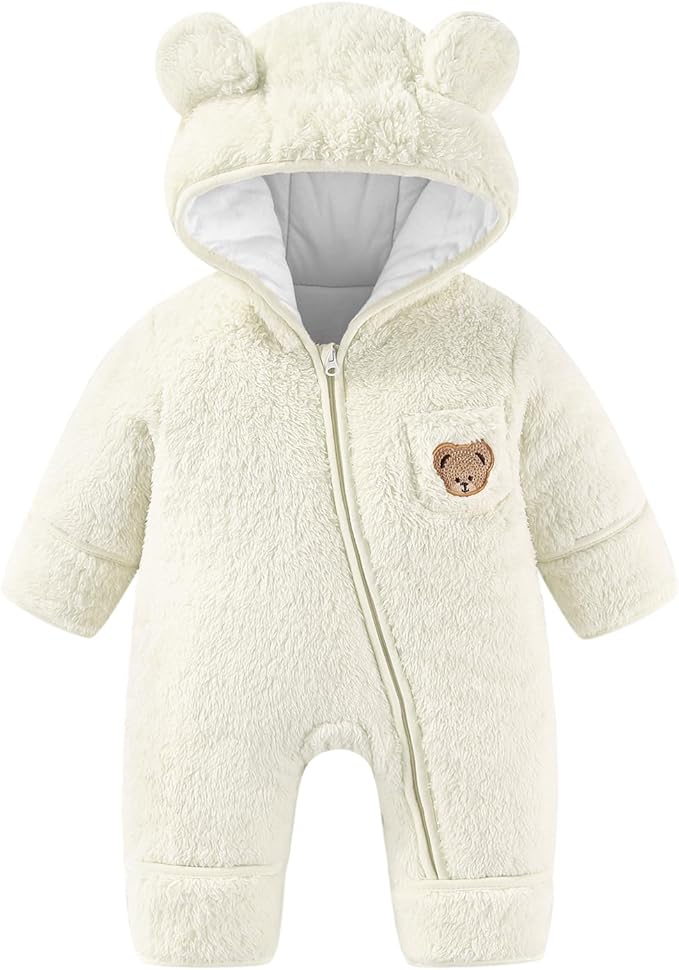 JiAmy Baby Snowsuit Newborn Fleece Winter Clothes With Flod-Over Zipper Baby Bear Hooded Thick Outfits