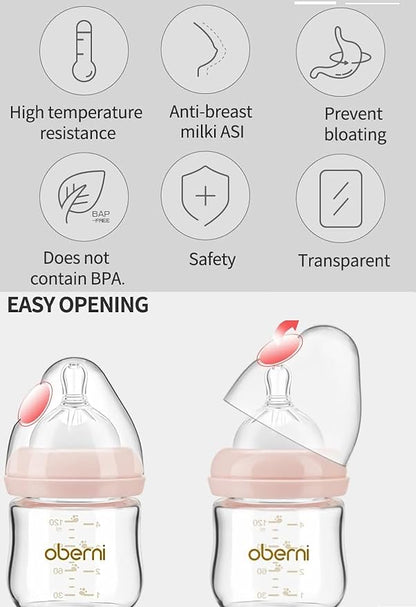 Glass Baby Bottles,Anti Colic Breastfeeding Bottle with Natural Response Nipple Size S,Wide Neck Slow Flow Baby Bottle for Baby,Newborn,Preemie 0-3 0-6 Month,BPA Free (Pink, 1 Pack, 5 Ounce)