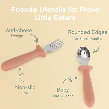 6 Pack Toddler Utensils, kids Silverware with Silicone Handle, 18/8 Stainless Steel Children Safe Spoons and Forks Set Baby Feeding Essentials, Dishwasher Safe