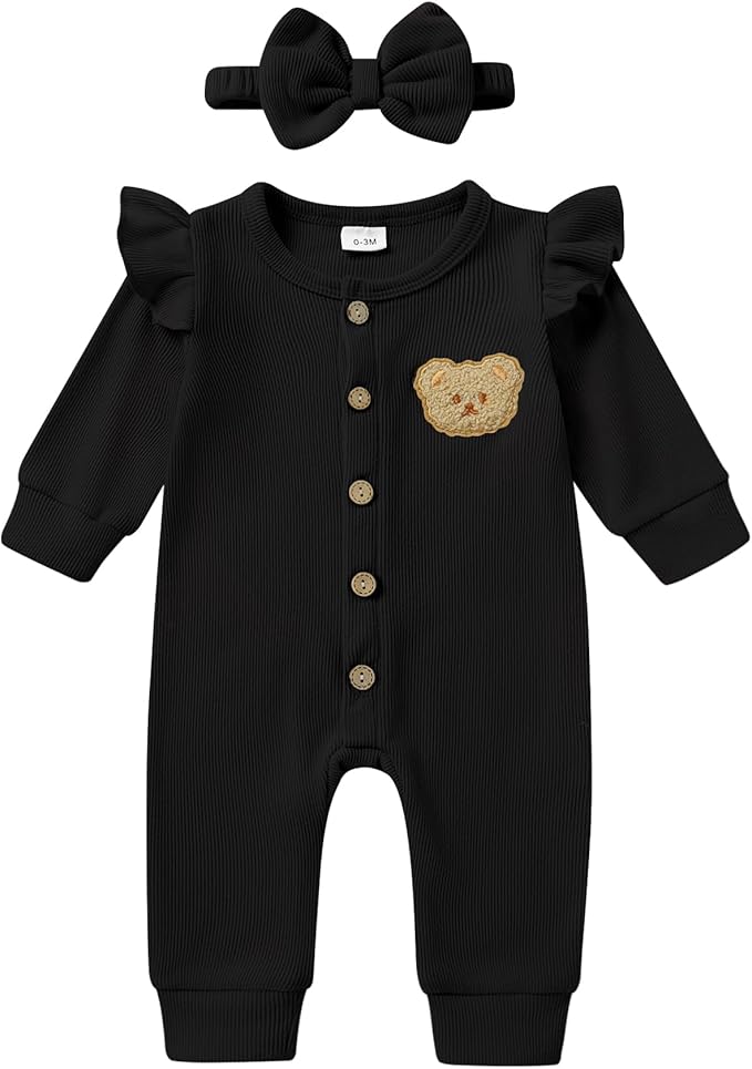 Newborn Baby Girl Cute Bear Ruffle Long Sleeve Jumpsuit Ribbed Bodysuit One-Piece Button Romper with Headband 0-18M
