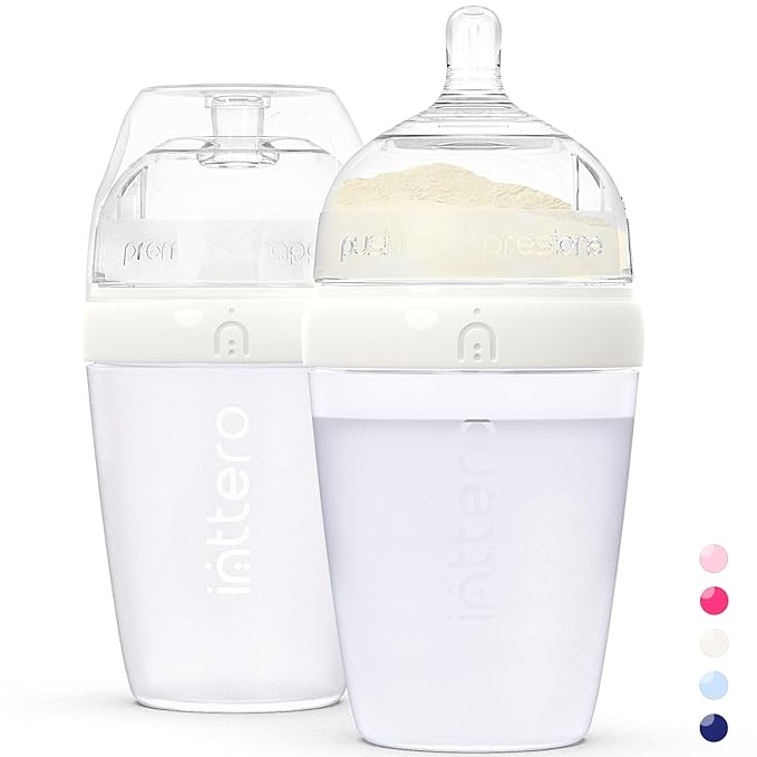 INTTERO Baby Bottles with Built-in Formula Dispenser, Anti-Colic Wide Neck Design for Newborn Feeding and Everyday Baby Essentials, 9 Oz Medium Flow (2 Pack), Stylish White