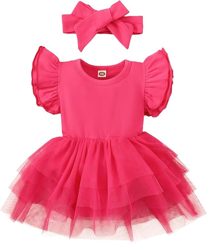 Baby Girl Clothes Infant Ruffle Sleeve Romper Dress Newborn Solid Tutu Skirt Sets Jumpsuit Headband Outfit