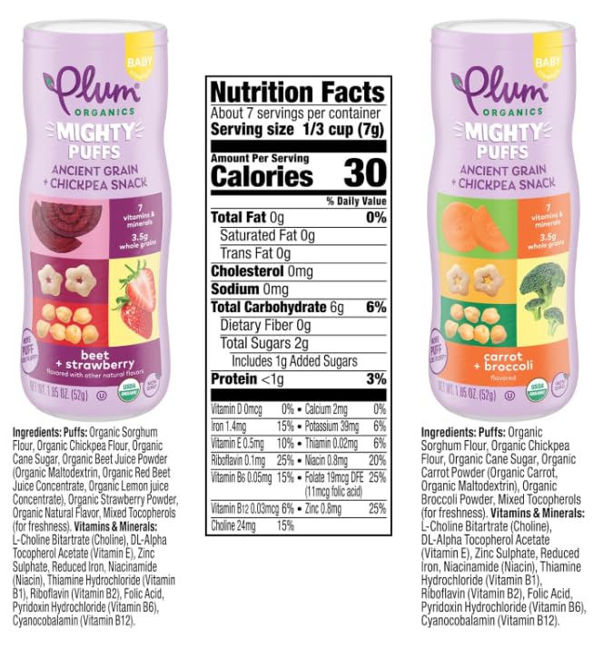 Plum Organics Mighty Puffs Organic Baby Food - Two Flavor Variety Pack - 1.85 oz Canister (Pack of 6) - Ancient Grains and Chickpea Snacks