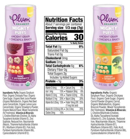 Plum Organics Mighty Puffs Organic Baby Food - Two Flavor Variety Pack - 1.85 oz Canister (Pack of 6) - Ancient Grains and Chickpea Snacks
