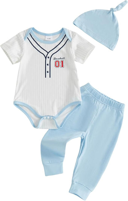 Honganda Infant Baby Boy Baseball Outfits Letter Print Striped Romper Bodysuit with Pants Hat 3Pcs Summer Clothes Set