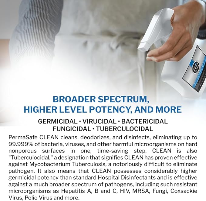 PermaSafe CLEAN 1-Step Disinfectant, Deodorizer & All-Purpose Cleaner; Soft, Hard & Food Surface Sanitizer; Kills 99.9% of Bacteria, Viruses, Molds - Child, Pet, Planet & All Surface Safe (32oz)