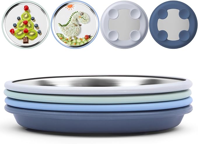 8" Stainless Steel Baby Suction Plate, Toddler Plates with Removable Silicone Sleeves, Non Toxic Unbreakable Led Weaning Supplies Kids Snack Dishes Set of 4, Sage Blue Gray Navy