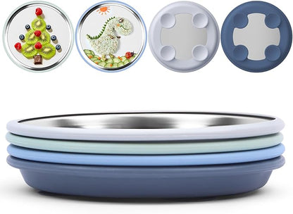 8" Stainless Steel Baby Suction Plate, Toddler Plates with Removable Silicone Sleeves, Non Toxic Unbreakable Led Weaning Supplies Kids Snack Dishes Set of 4, Sage Blue Gray Navy