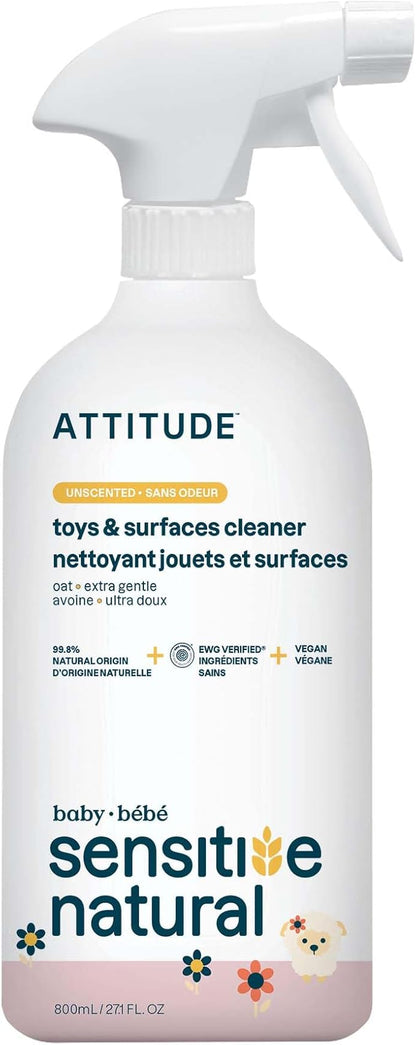 ATTITUDE Toy and Hard Surface Cleaner, Plant and Mineral Based Ingredients, Vegan, Baby and Kids Household Products, Sensitive Skin, Unscented, 27.1 Fl Oz