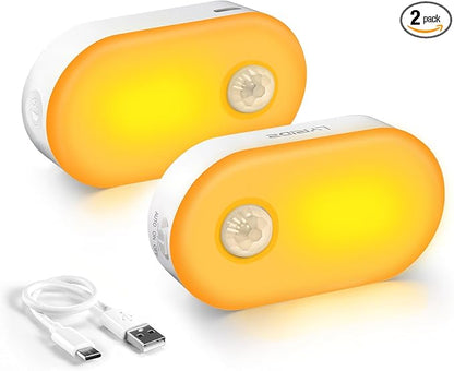 Lyridz Rechargeable Night Light with Motion Sensor, Dimmable Amber Nightlights for Bathroom, Bedroom, Kids Room, Hallway, Stairs, Pet House, 2 Pack