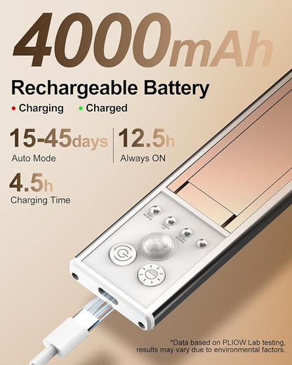 Under Cabinet Lighting, LED Motion Sensor Light Indoor with 3 Color Dimmable, 4000mAh Battery Operated Closet Lights Rechargeable Lamp, Magnetic Under Counter Night Lights Used in Cabinet (16 inches)