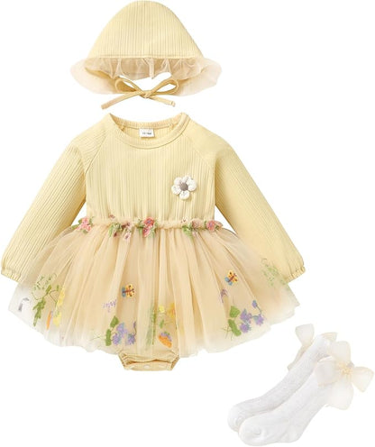 YOUNGER TREE Newborn Baby Girl Romper Dress Outfits Long Sleeve Floral Tutu Bodysuit with Leggings Hat Infant Fall Clothes